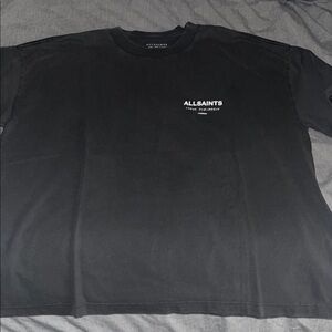 AllSaints Washed Black Crewneck T-Shirt with White Logo.  Size L